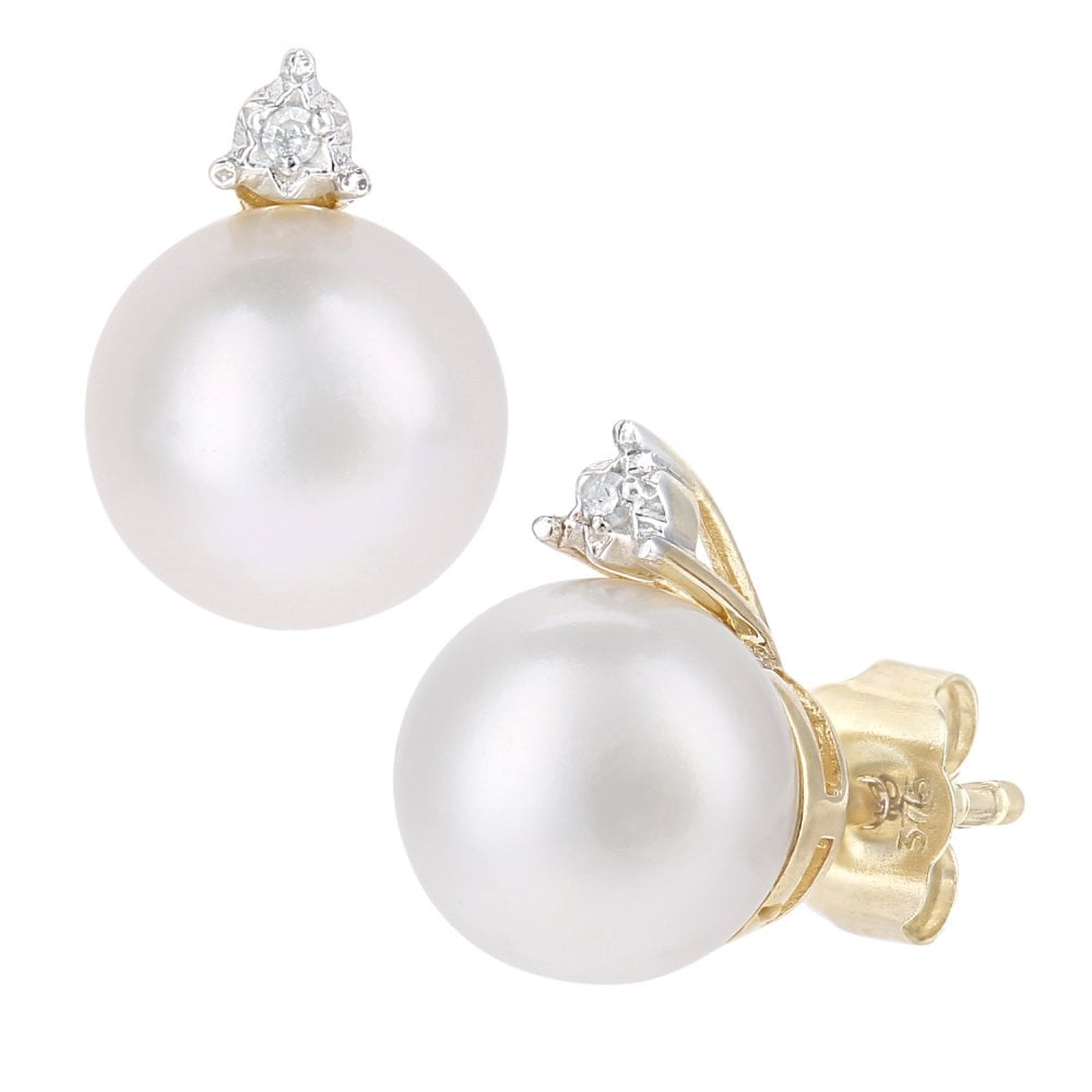 SPARKLD 9ct Yellow Gold Cultured Pearl and 0.01ct Diamond Stud Earrings