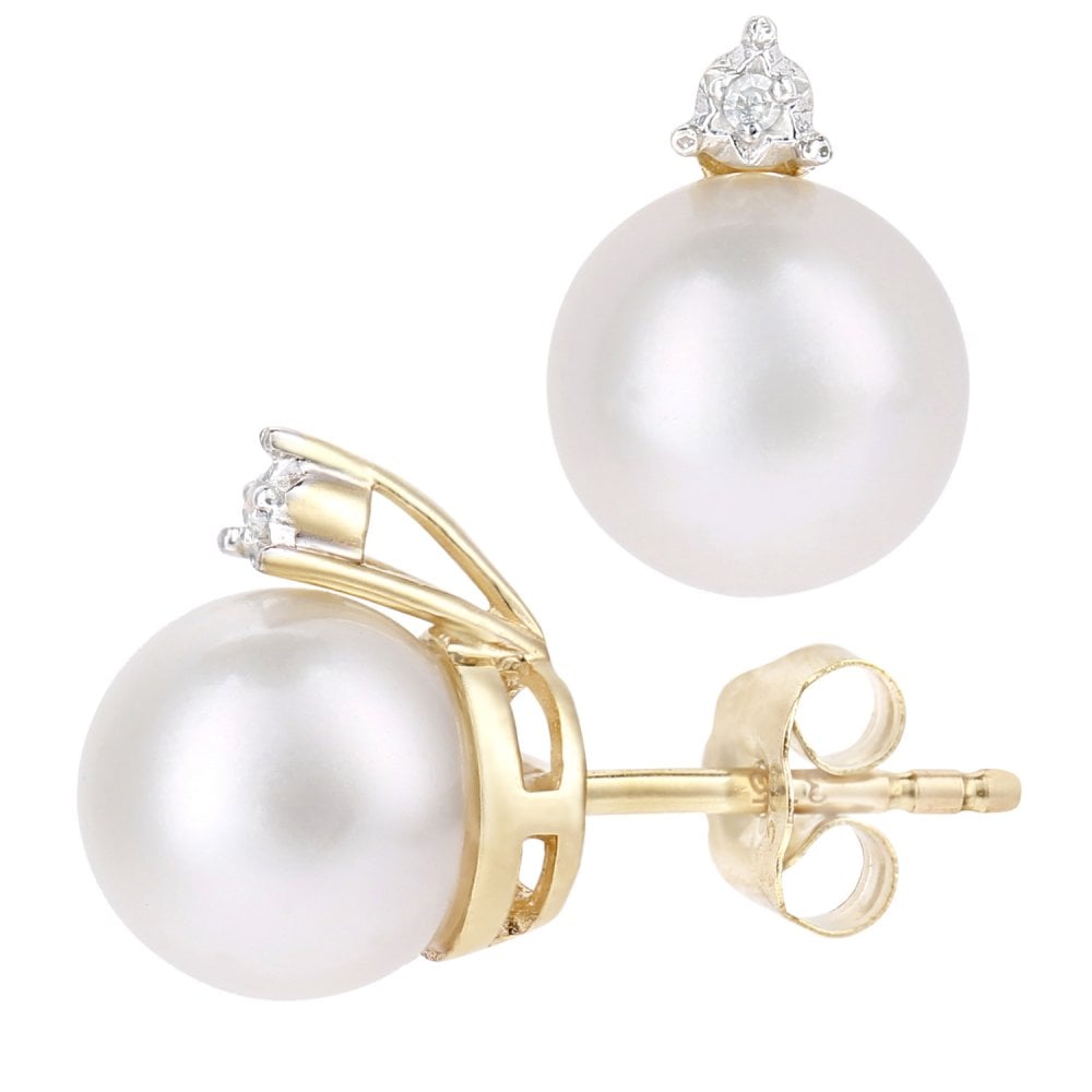 SPARKLD 9ct Yellow Gold Cultured Pearl and 0.01ct Diamond Stud Earrings