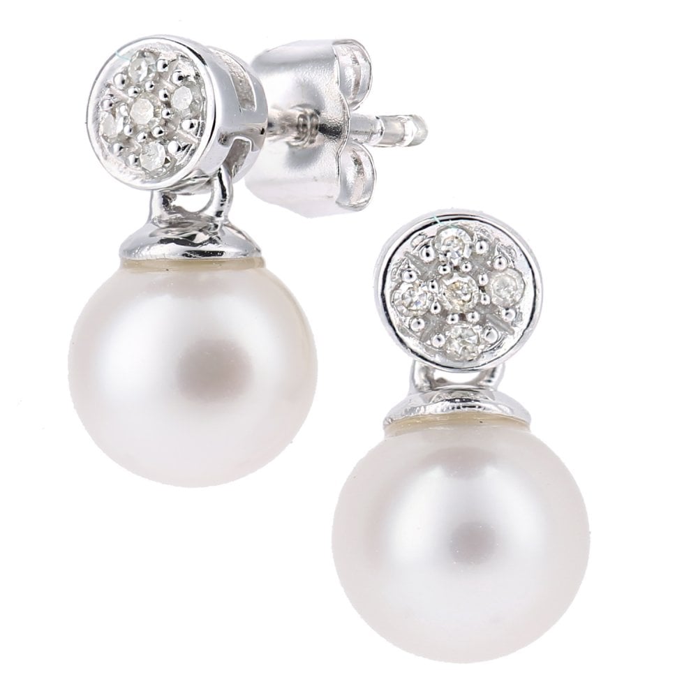 SPARKLD 9ct White Gold Cultured Pearl and 0.05ct Diamond Drop Earrings