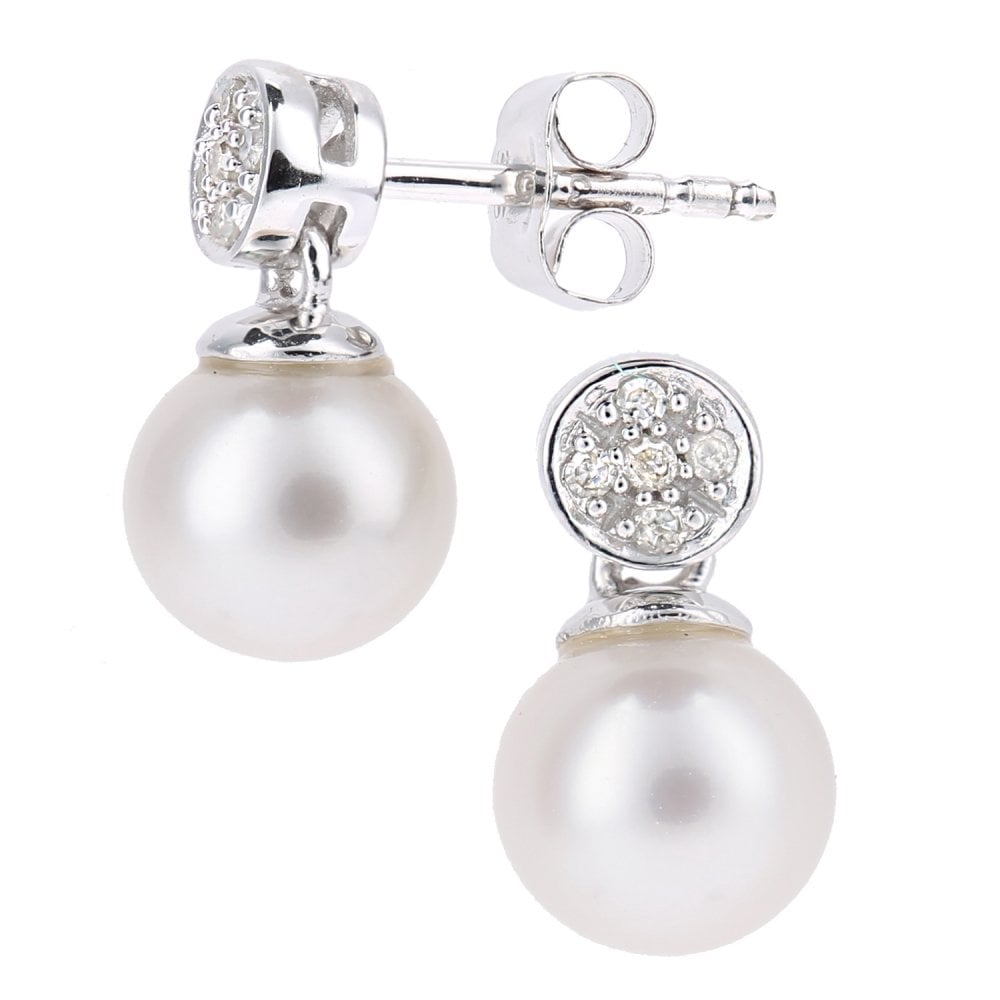 SPARKLD 9ct White Gold Cultured Pearl and 0.05ct Diamond Drop Earrings