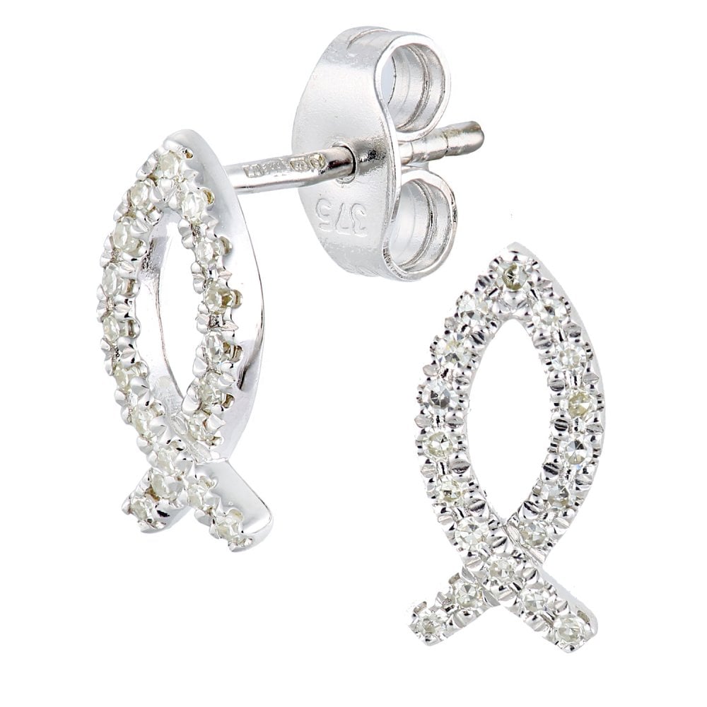 SPARKLD 9ct White Gold 0.10ct Diamond Dolphin Stud Earrings