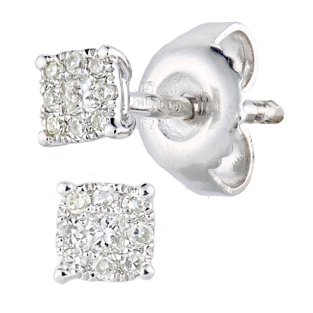 SPARKLD 9ct White Gold Solitaire Princess 0.15ct Diamond Halo Stud Earrings