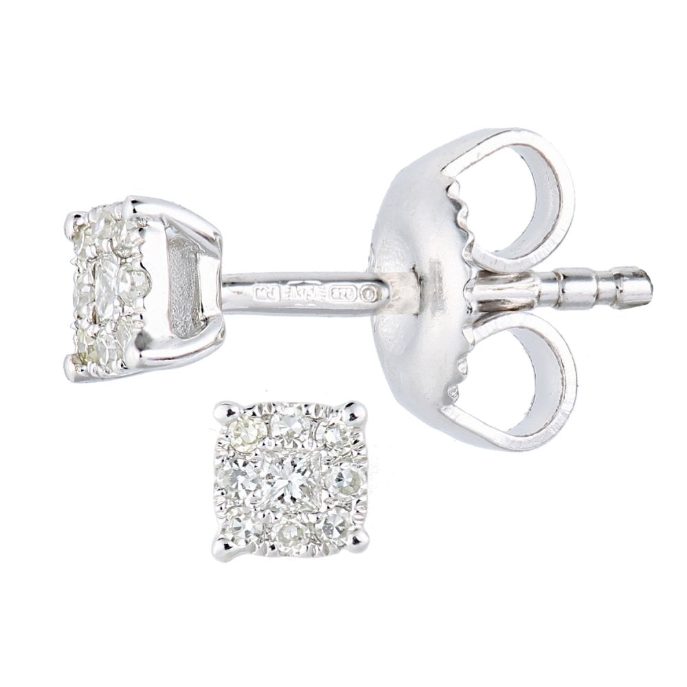 SPARKLD 9ct White Gold Solitaire Princess 0.15ct Diamond Halo Stud Earrings