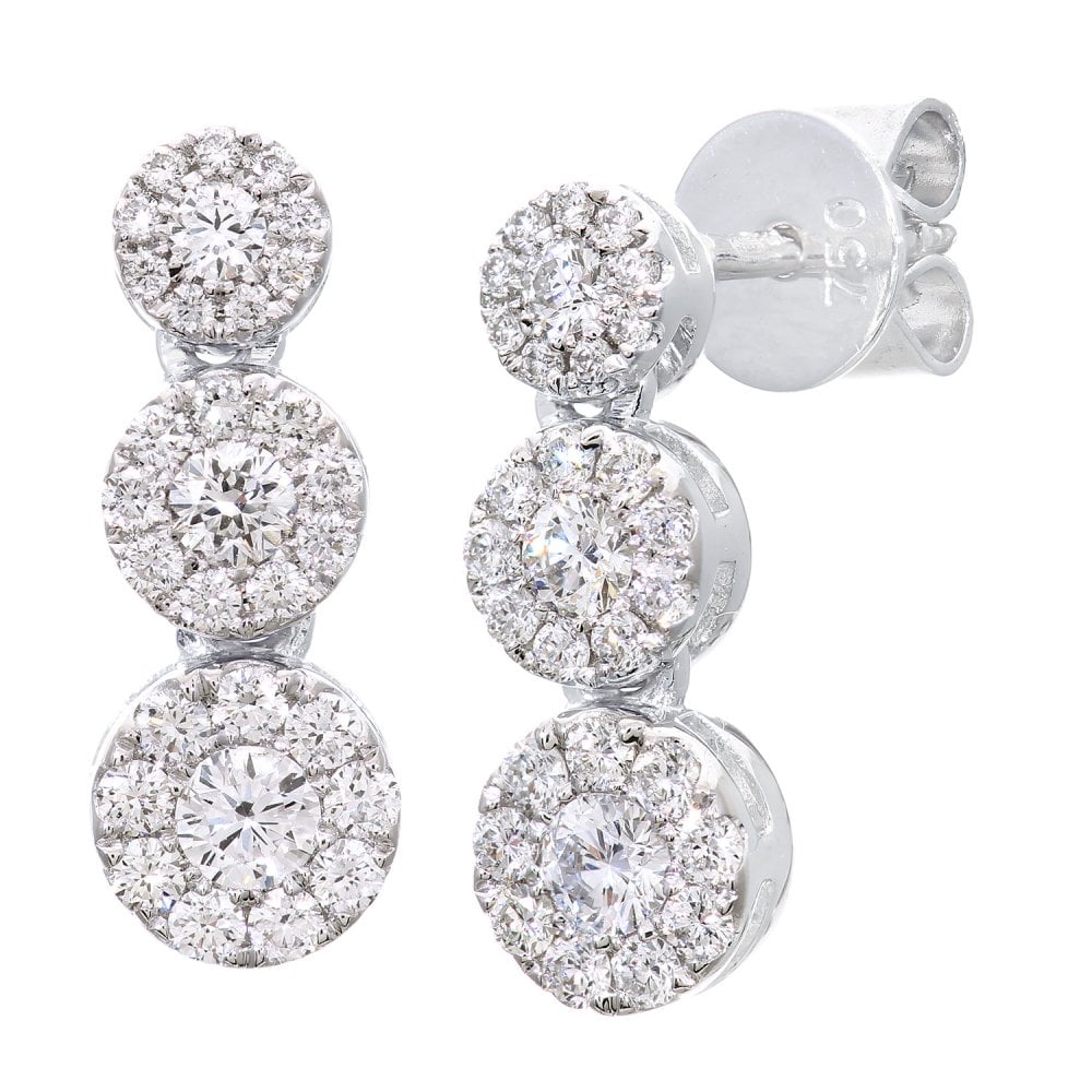 SPARKLD 18ct White Gold 0.55ct Diamond Trilogy Halo Drop Earrings