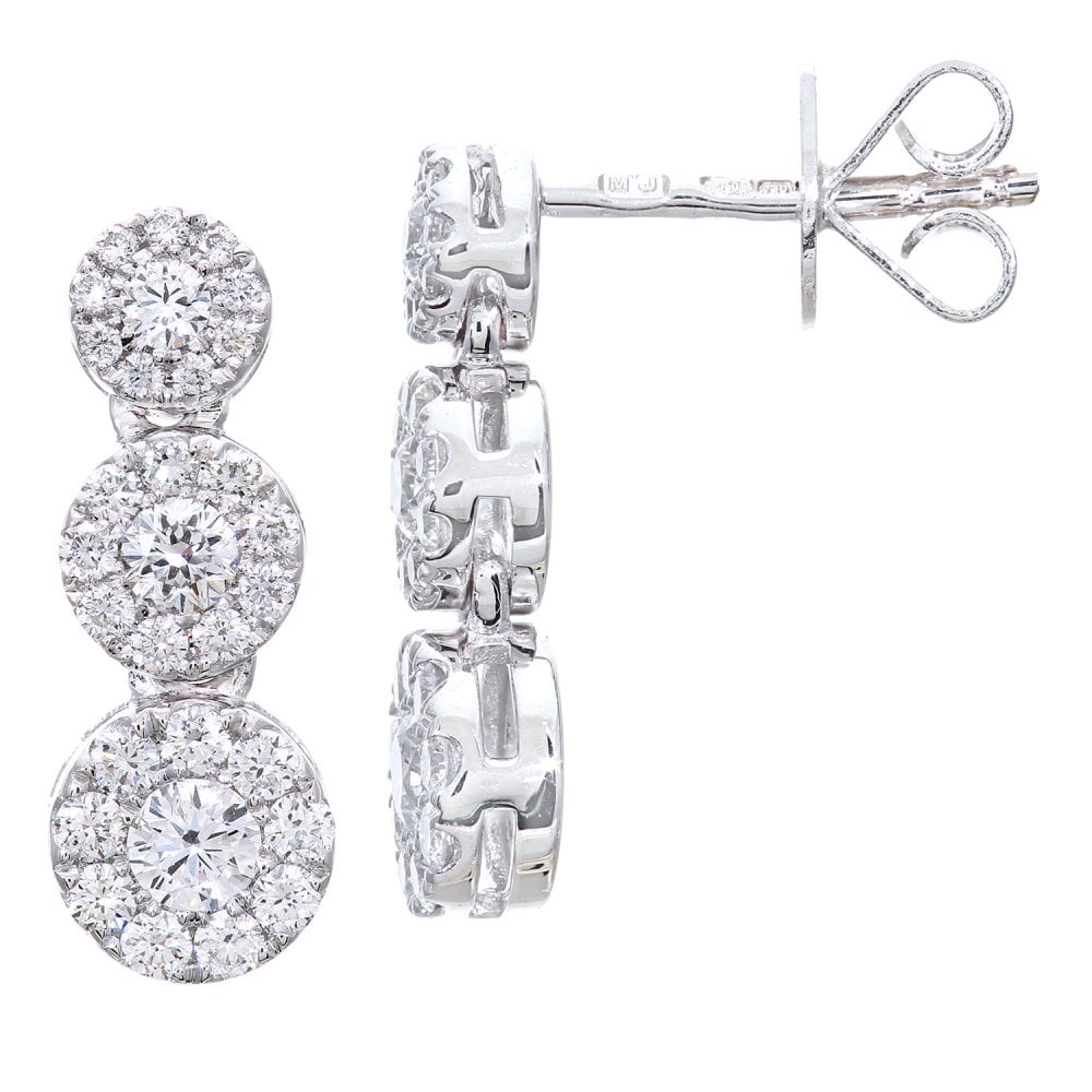 SPARKLD 18ct White Gold 0.55ct Diamond Trilogy Halo Drop Earrings