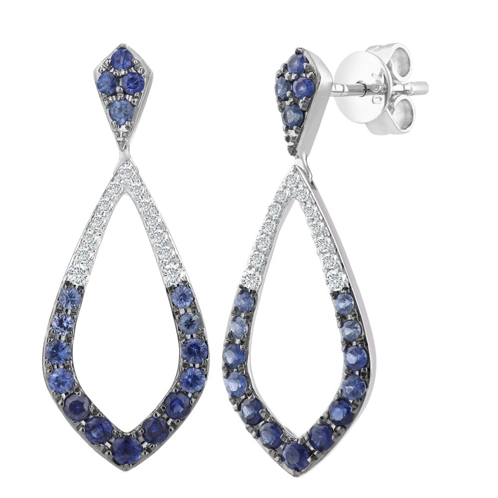 SPARKLD 18ct White Gold 0.90ct Blue Sapphire and 0.15ct Diamonds Marquise Drop Earrings