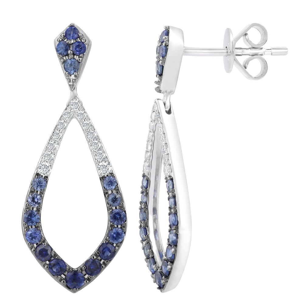 SPARKLD 18ct White Gold 0.90ct Blue Sapphire and 0.15ct Diamonds Marquise Drop Earrings