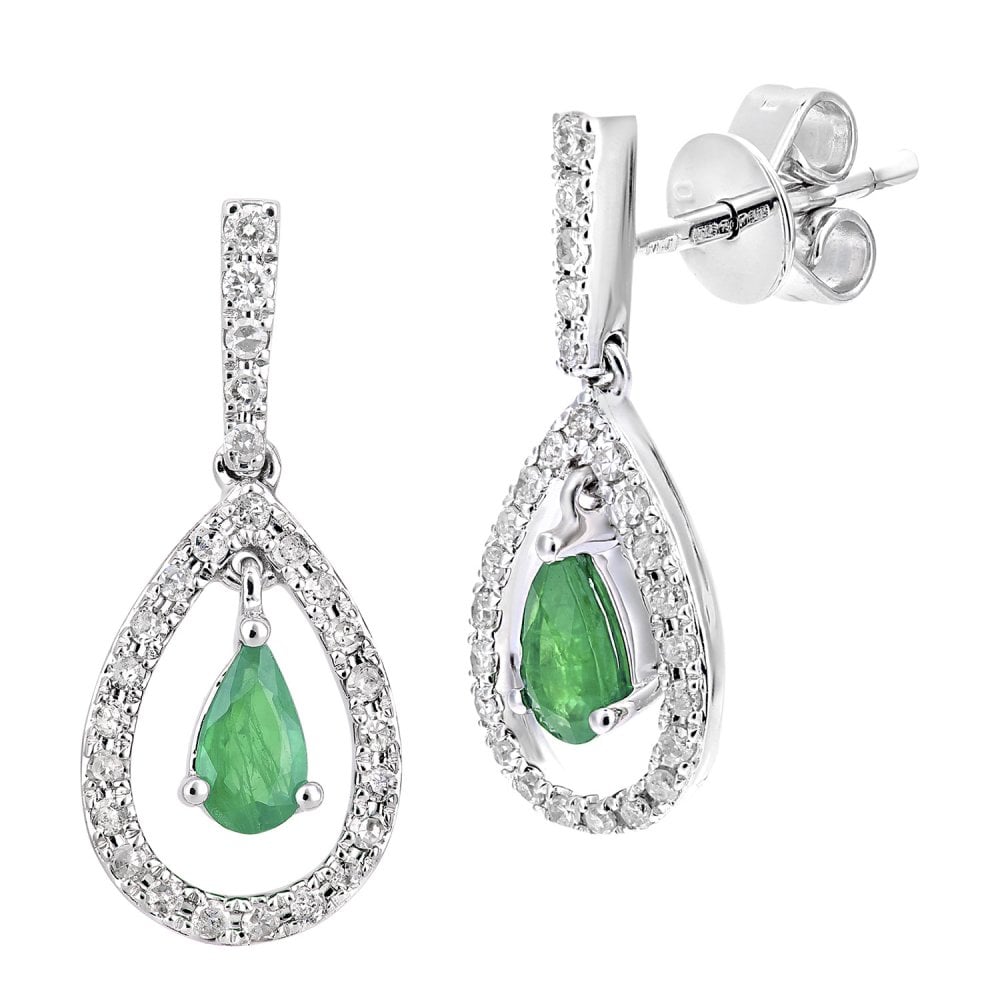 SPARKLD 18ct White Gold Emerald Teardrop 0.20ct Diamond Drop Earrings