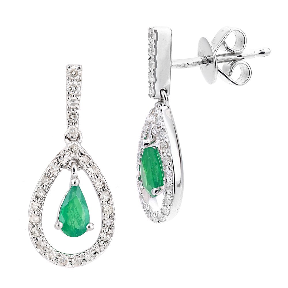 SPARKLD 18ct White Gold Emerald Teardrop 0.20ct Diamond Drop Earrings