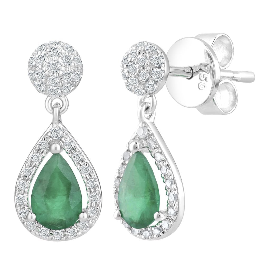 SPARKLD 18ct White Gold Emerald Teardrop 0.25ct Diamond Drop Earrings