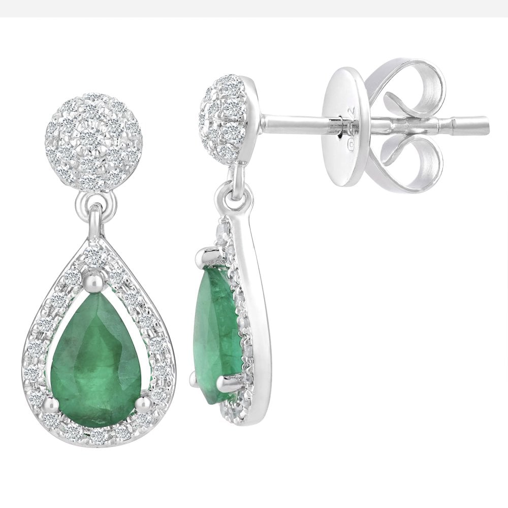 SPARKLD 18ct White Gold Emerald Teardrop 0.25ct Diamond Drop Earrings