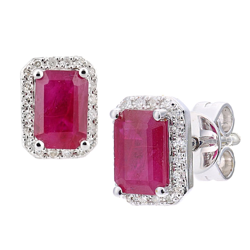 SPARKLD 18ct White Gold Octagon Ruby Cluster 0.10ct Diamond Stud Earrings