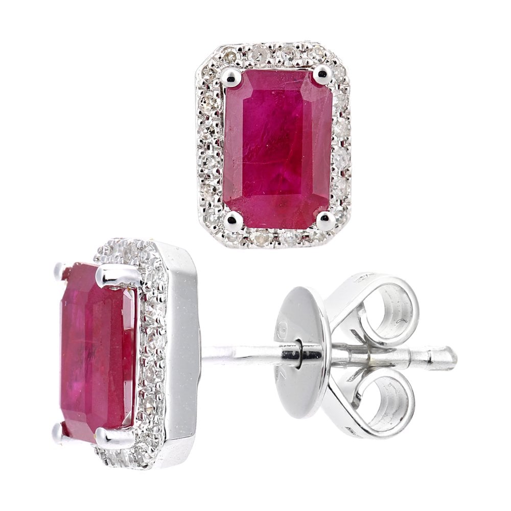 SPARKLD 18ct White Gold Octagon Ruby Cluster 0.10ct Diamond Stud Earrings