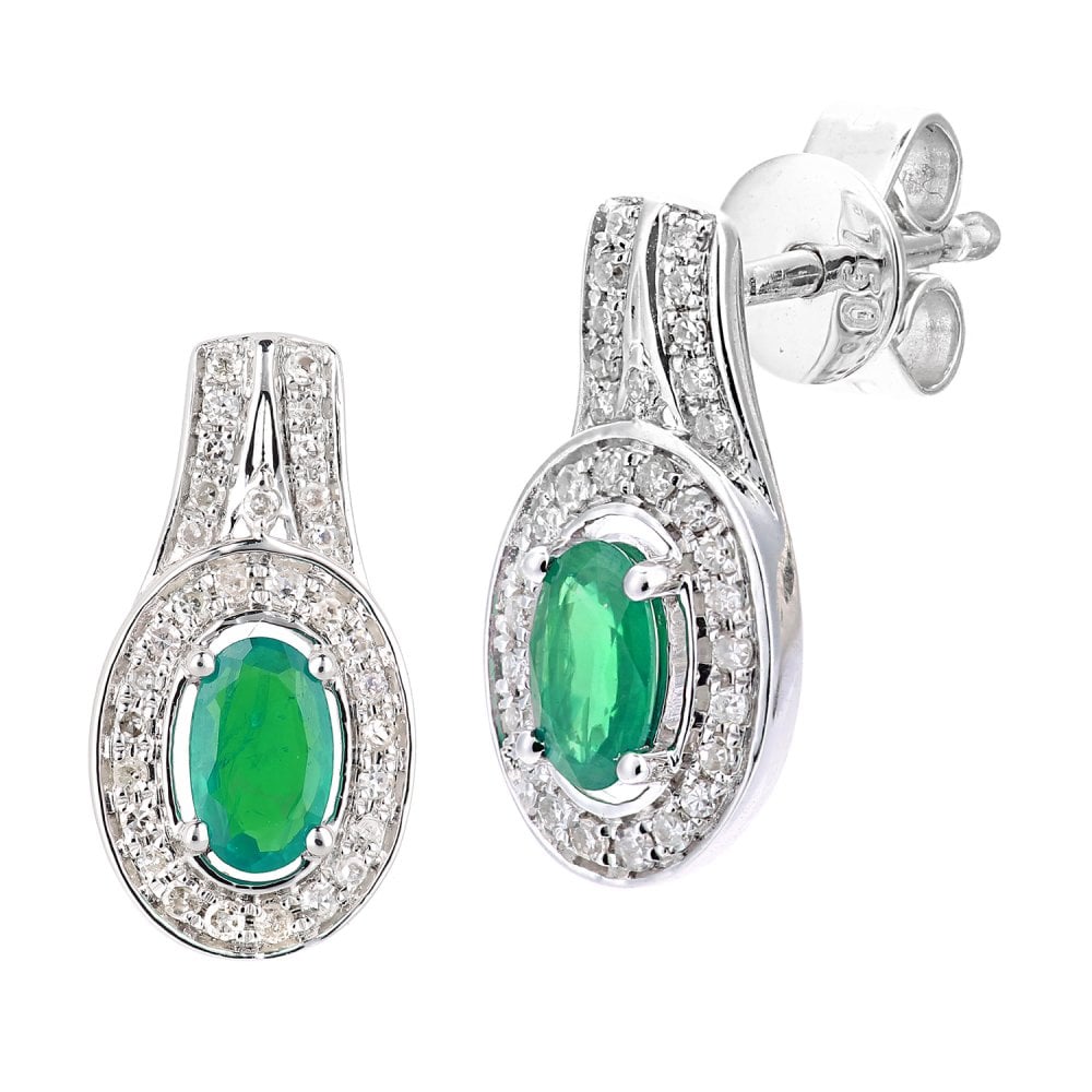 SPARKLD 18ct White Gold Oval Emerald Cluster 0.15ct Diamond Drop Earrings