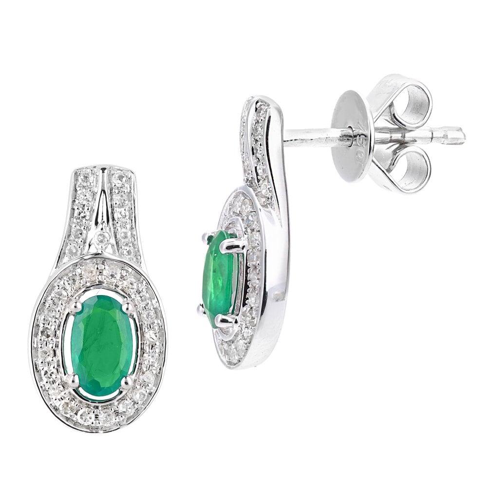SPARKLD 18ct White Gold Oval Emerald Cluster 0.15ct Diamond Drop Earrings