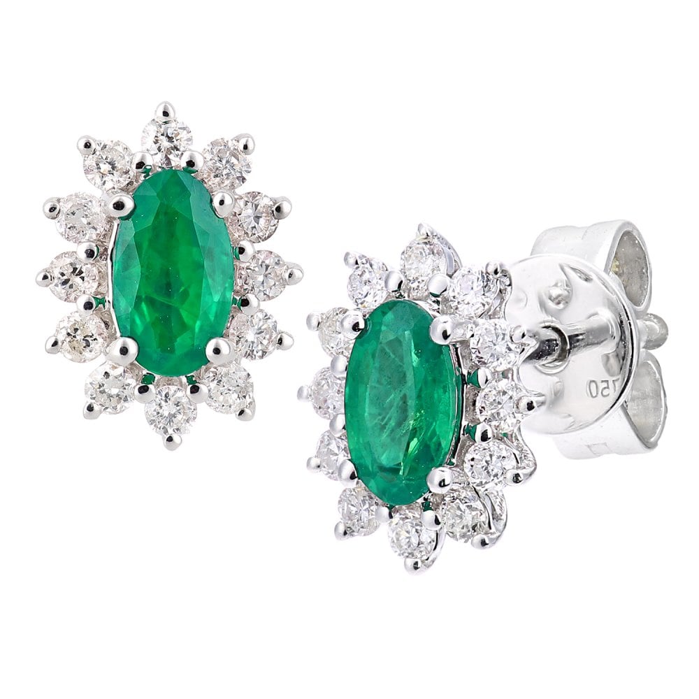 SPARKLD 18ct White Gold Oval Emerald Cluster 0.25ct Diamond Stud Earrings