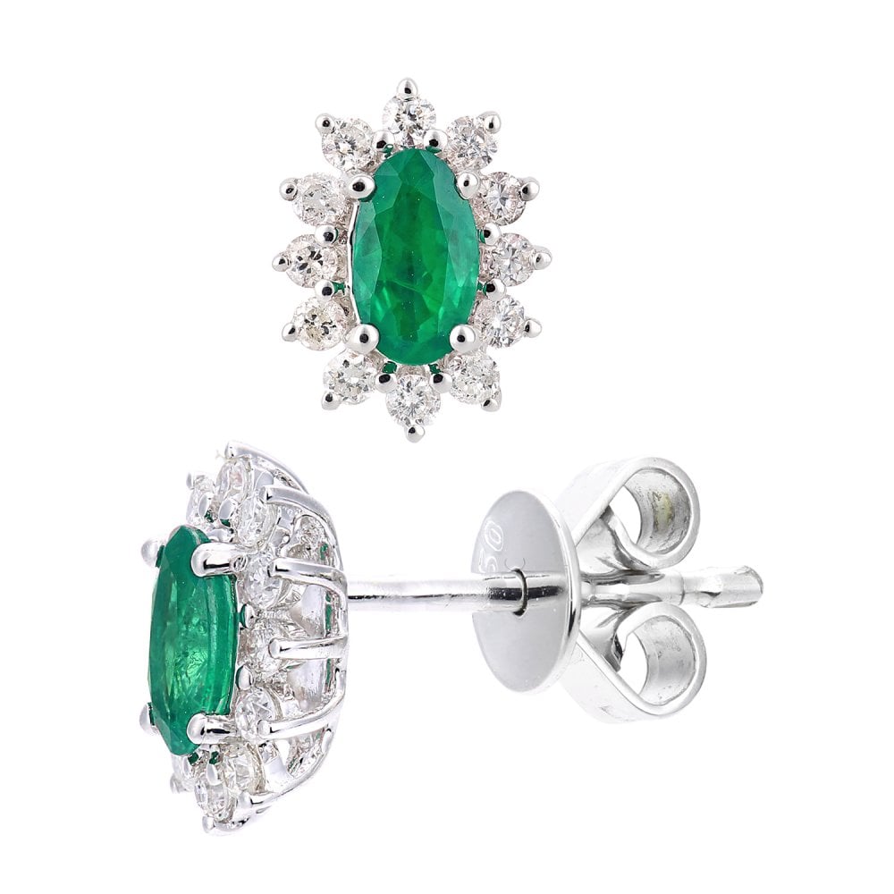 SPARKLD 18ct White Gold Oval Emerald Cluster 0.25ct Diamond Stud Earrings