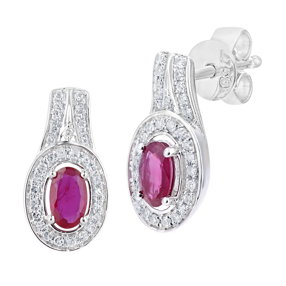 SPARKLD 18ct White Gold Oval Ruby Cluster 0.15ct Diamond Drop Earrings
