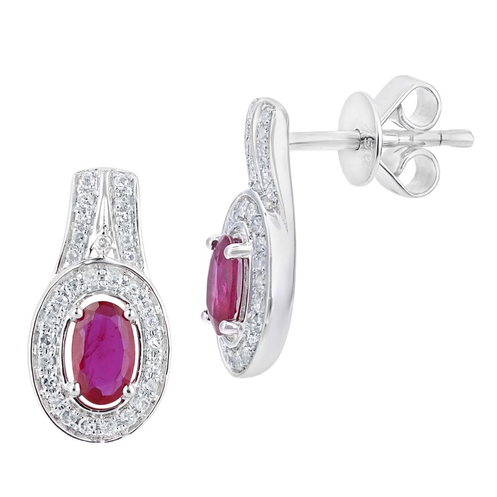 SPARKLD 18ct White Gold Oval Ruby Cluster 0.15ct Diamond Drop Earrings