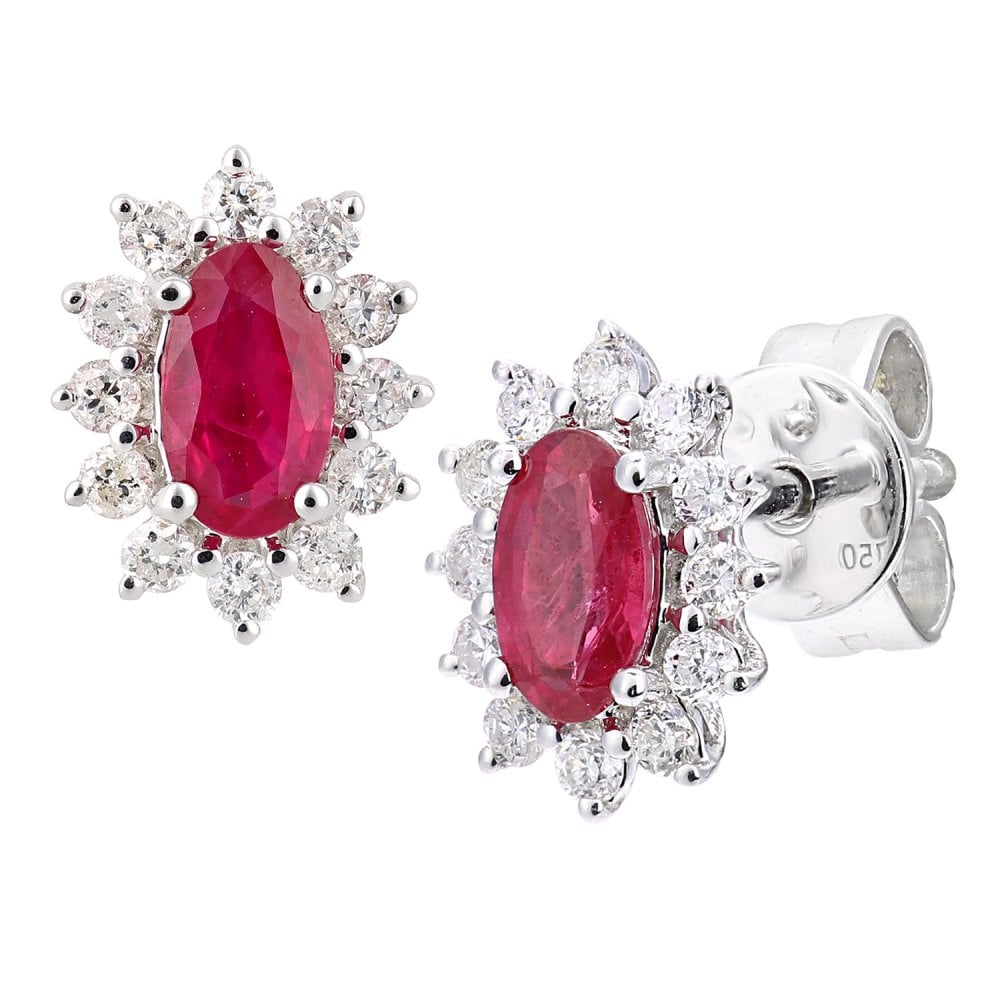 SPARKLD 18ct White Gold Oval Ruby Cluster 0.25ct Diamond Stud Earrings