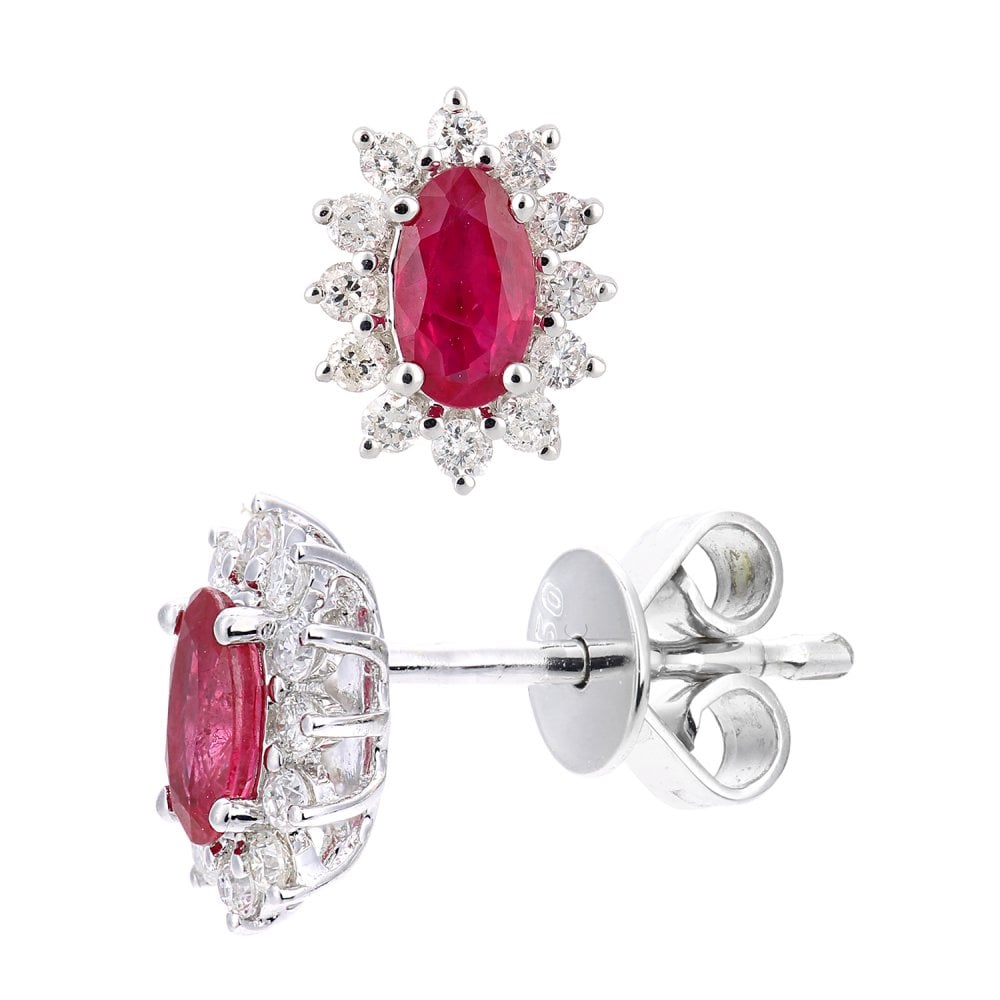 SPARKLD 18ct White Gold Oval Ruby Cluster 0.25ct Diamond Stud Earrings