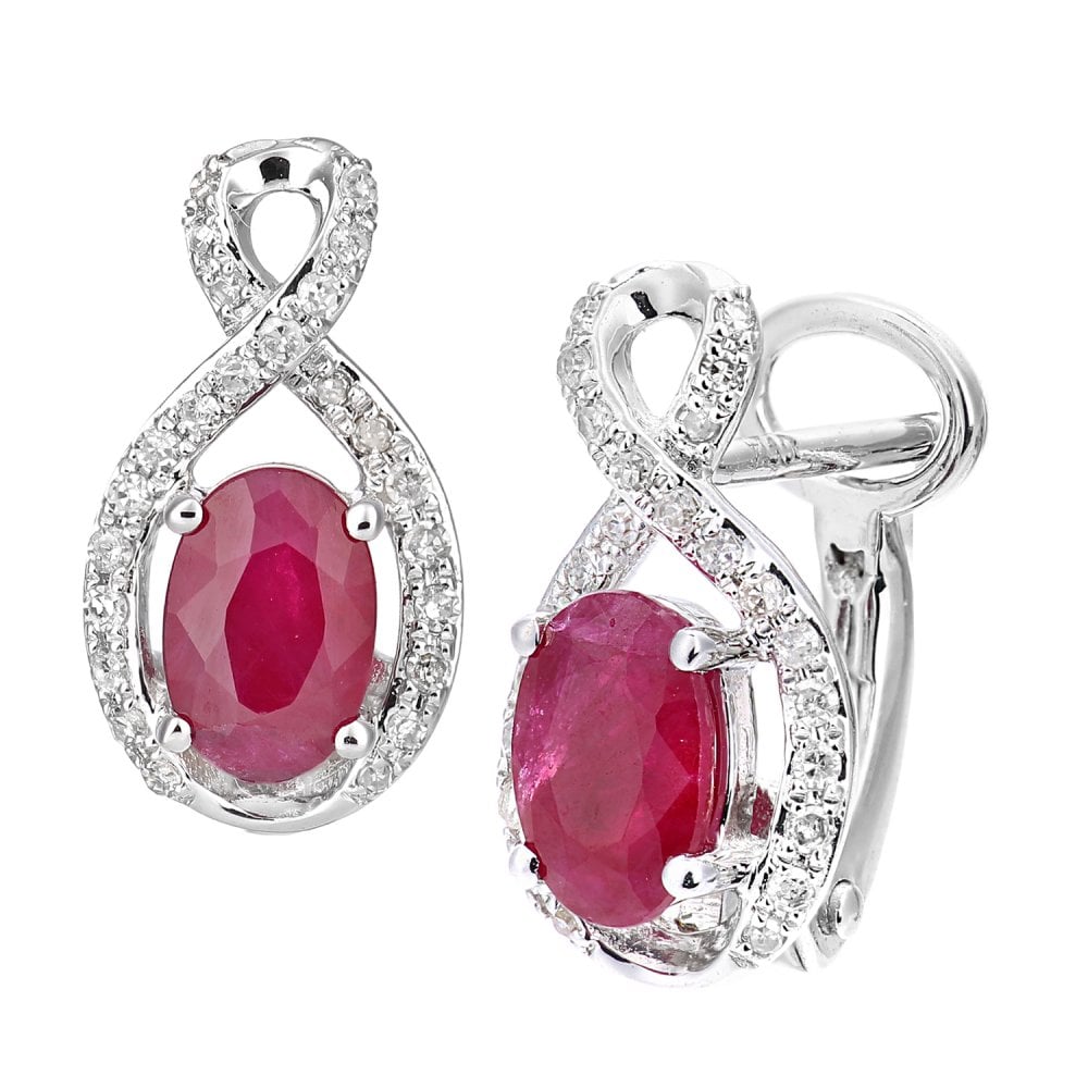 SPARKLD 18ct White Gold Oval Ruby Infinity 0.15ct Diamond Stud Earrings