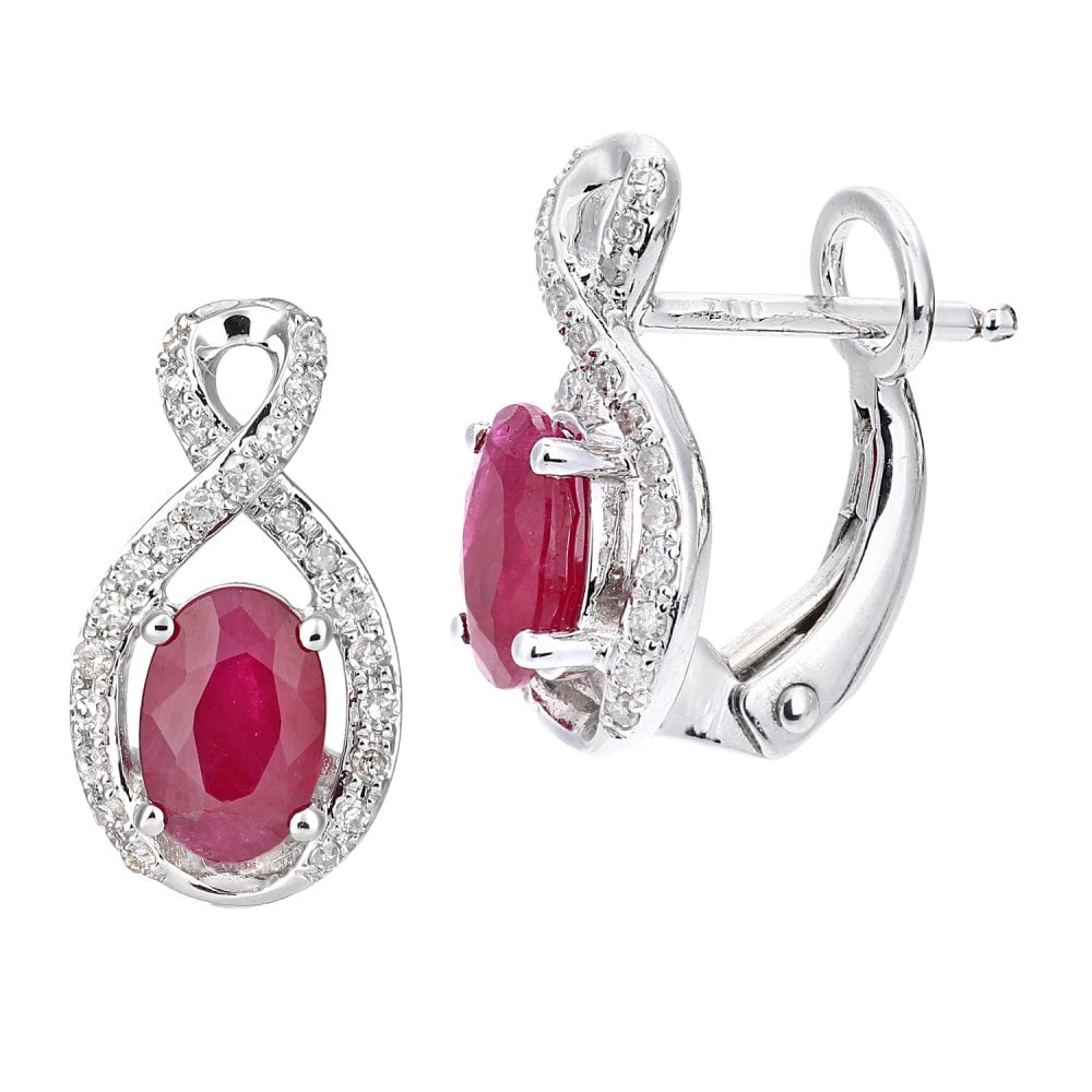 SPARKLD 18ct White Gold Oval Ruby Infinity 0.15ct Diamond Stud Earrings
