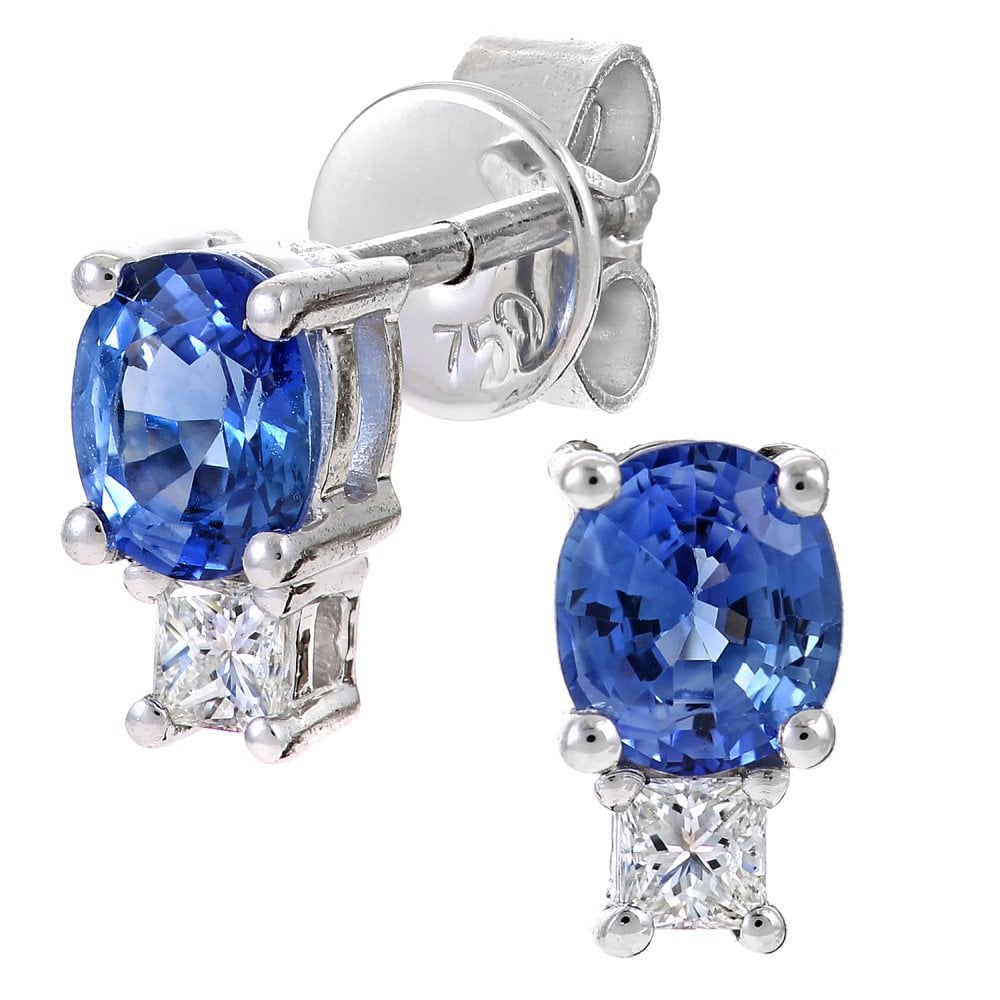 SPARKLD 18ct White Gold Oval Sapphire and 0.10ct Diamond Stud Earrings
