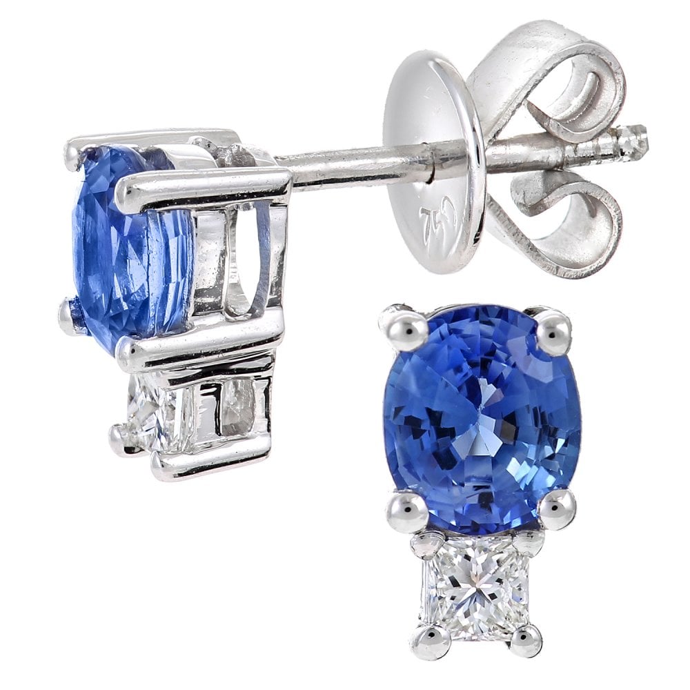 SPARKLD 18ct White Gold Oval Sapphire and 0.10ct Diamond Stud Earrings