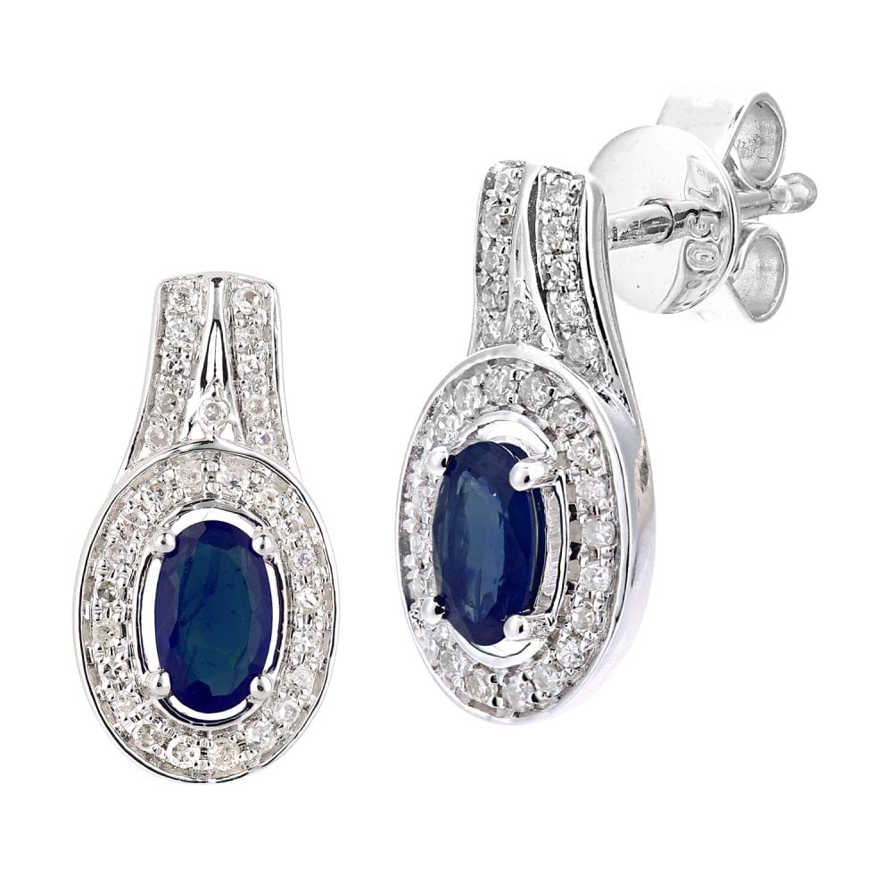 SPARKLD 18ct White Gold Oval Sapphire Cluster 0.15ct Diamond Drop Earrings