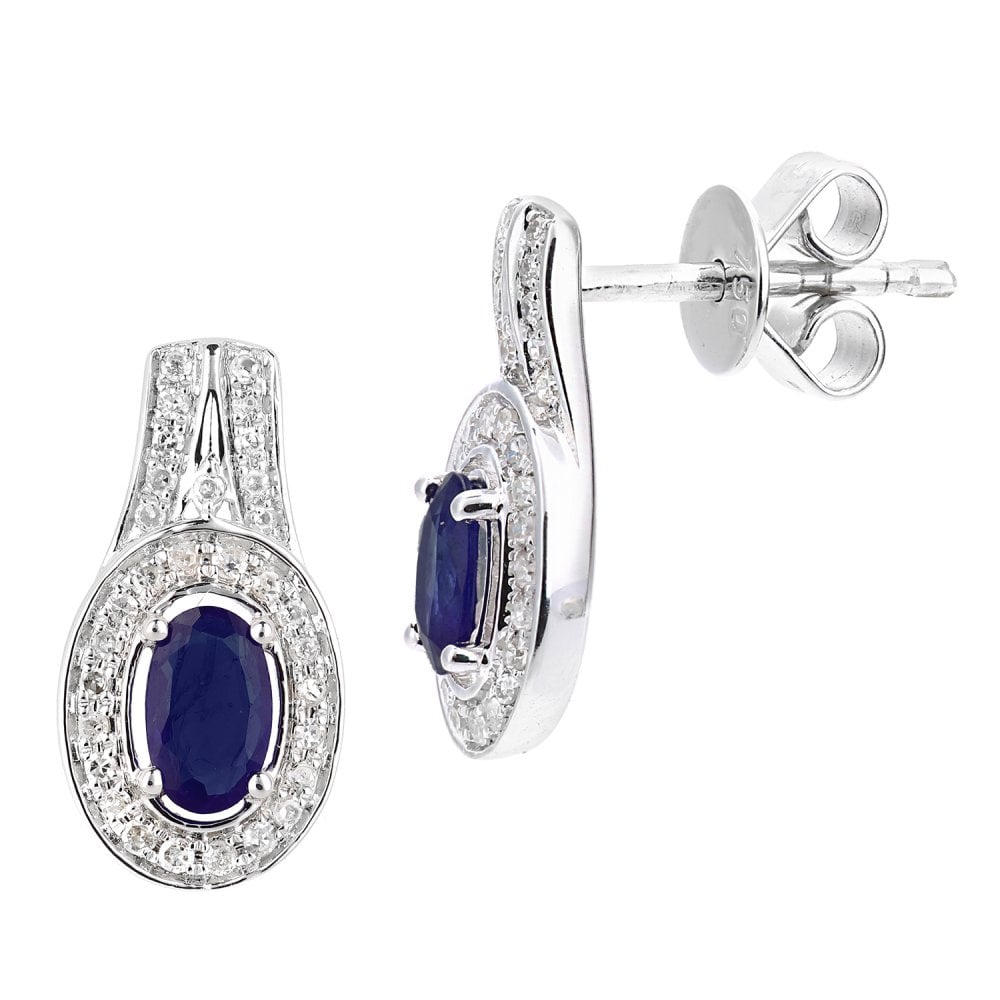 SPARKLD 18ct White Gold Oval Sapphire Cluster 0.15ct Diamond Drop Earrings