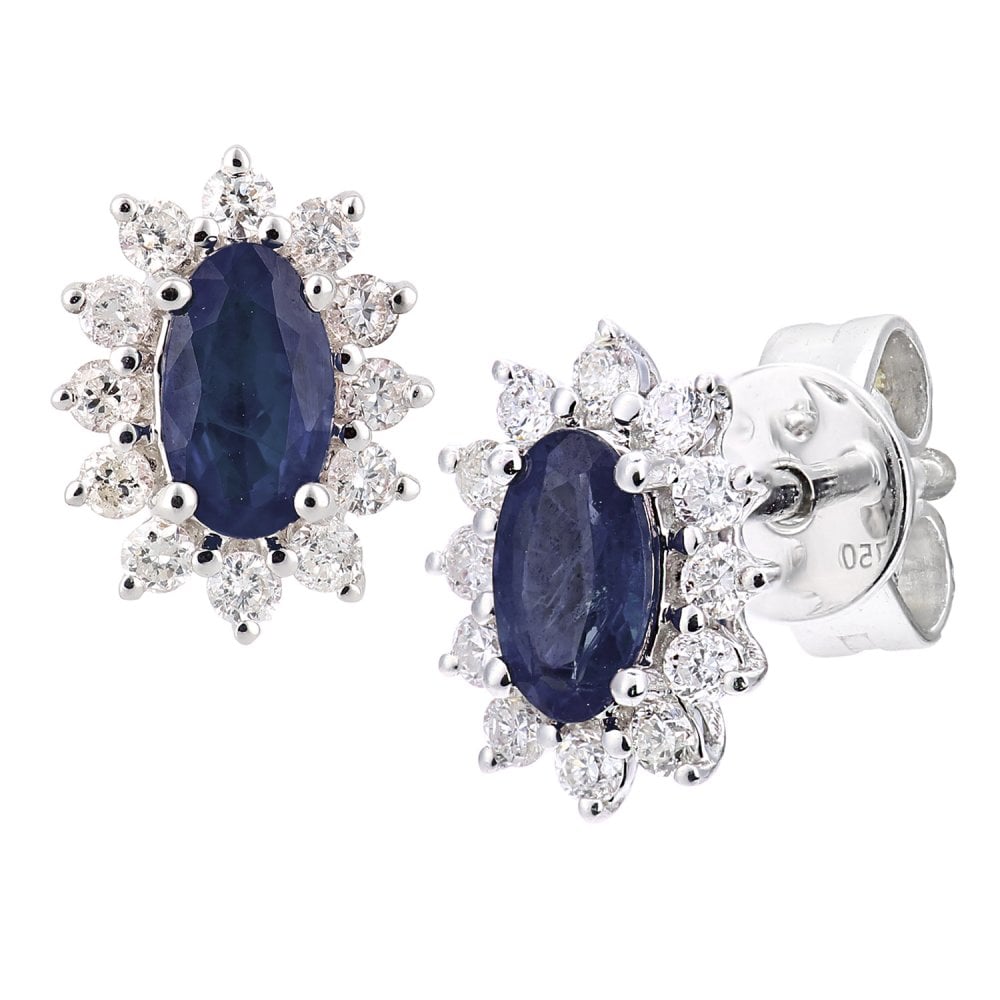 SPARKLD 18ct White Gold Oval Sapphire Cluster 0.25ct Diamond Stud Earrings