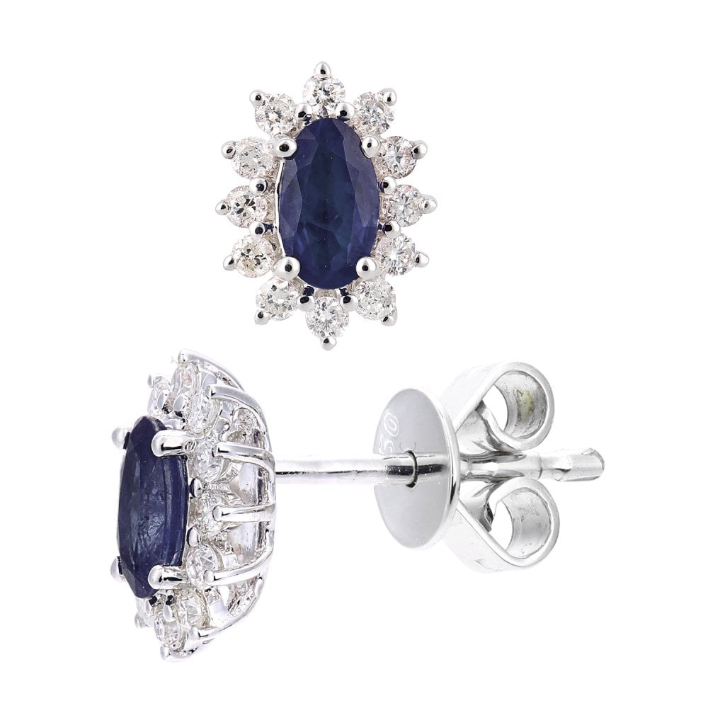 SPARKLD 18ct White Gold Oval Sapphire Cluster 0.25ct Diamond Stud Earrings