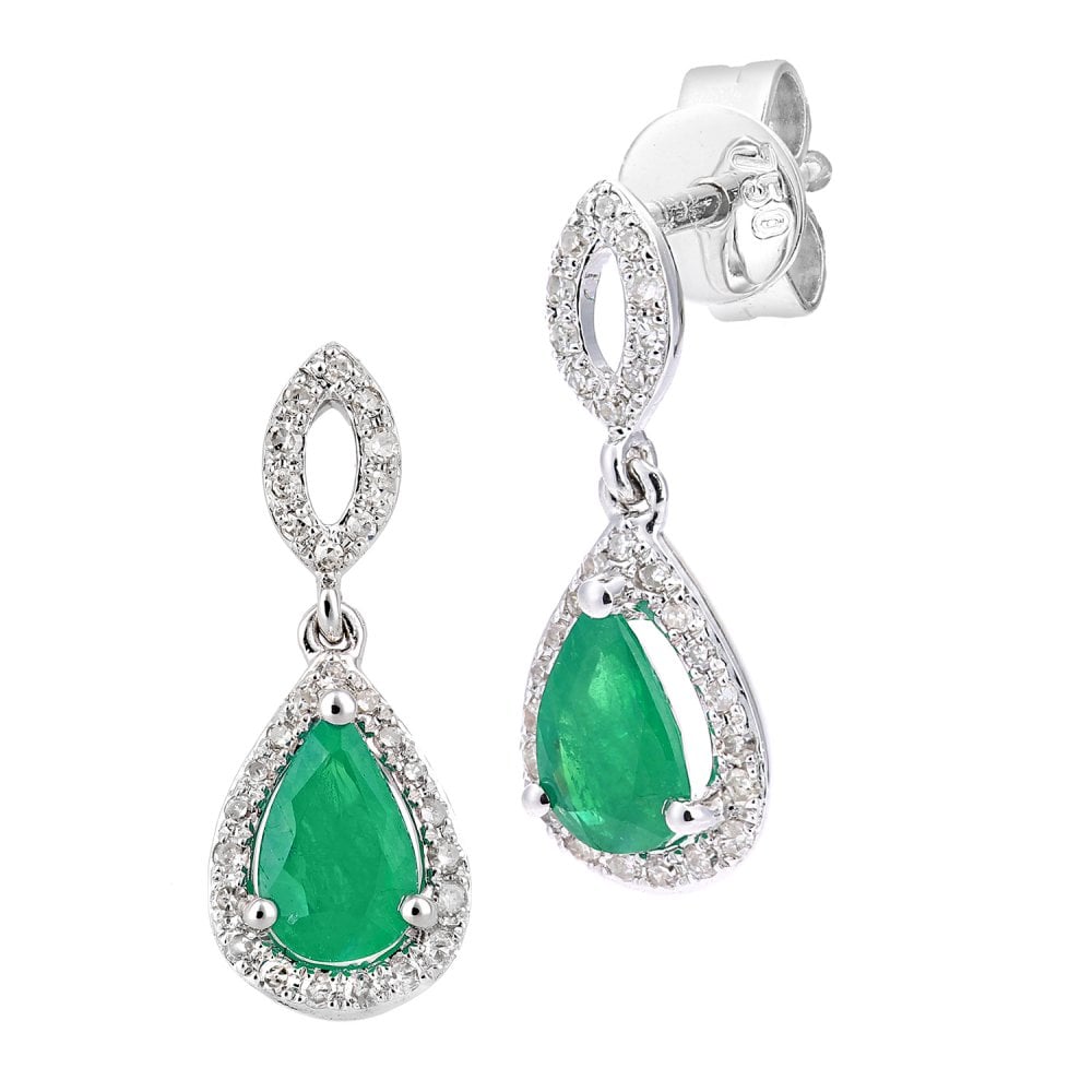 SPARKLD 18ct White Gold Pear Emerald Cluster 0.12ct Diamond Drop Earrings