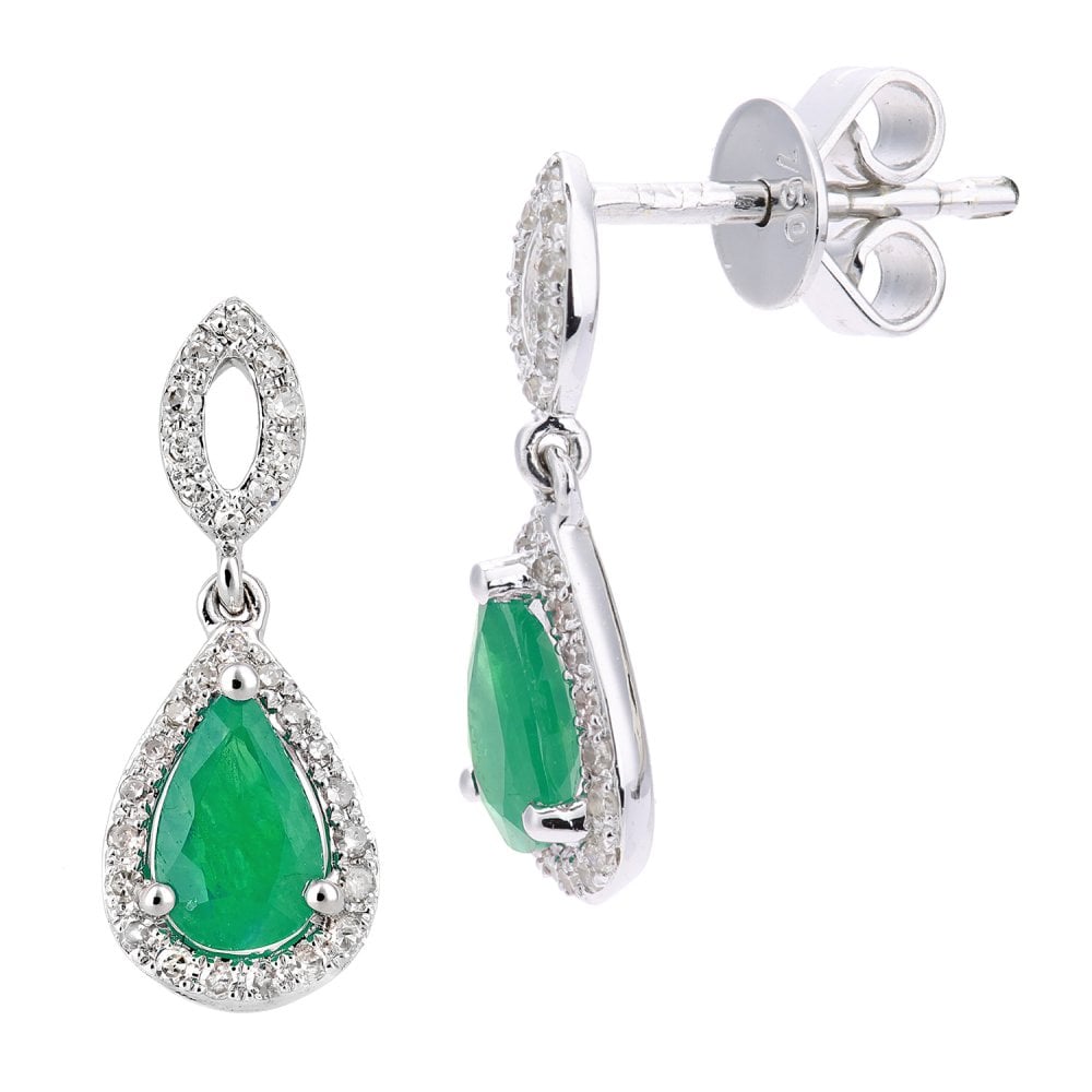 SPARKLD 18ct White Gold Pear Emerald Cluster 0.12ct Diamond Drop Earrings