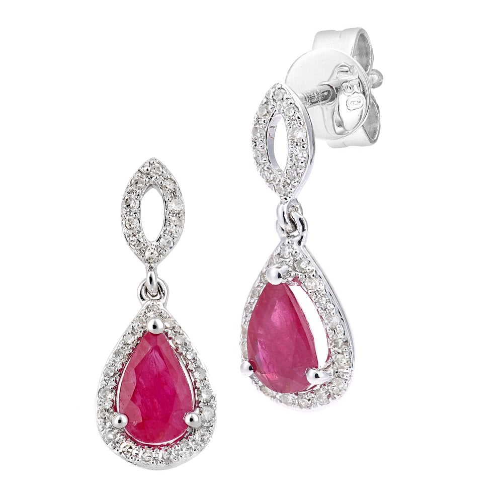 SPARKLD 18ct White Gold Pear Ruby Cluster Ruby 0.12ct Diamond Drop Earrings