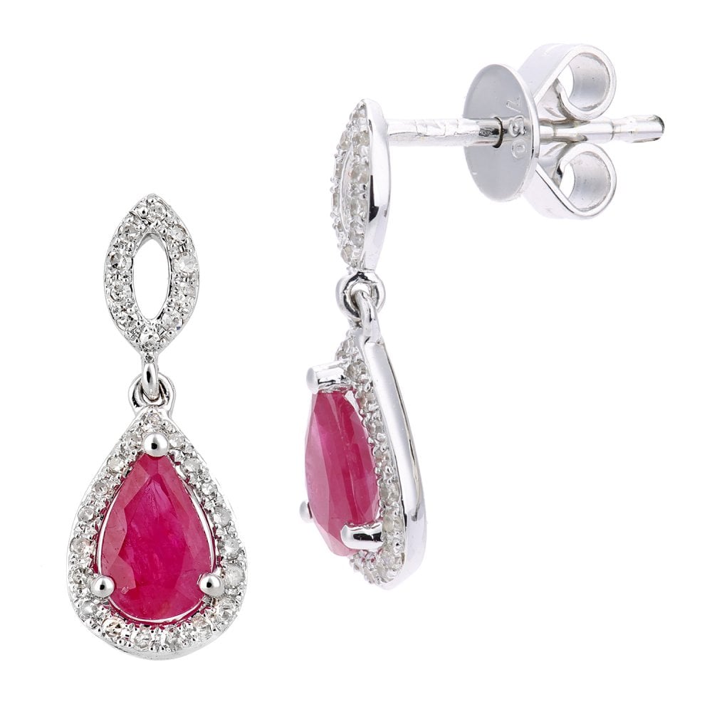 SPARKLD 18ct White Gold Pear Ruby Cluster Ruby 0.12ct Diamond Drop Earrings