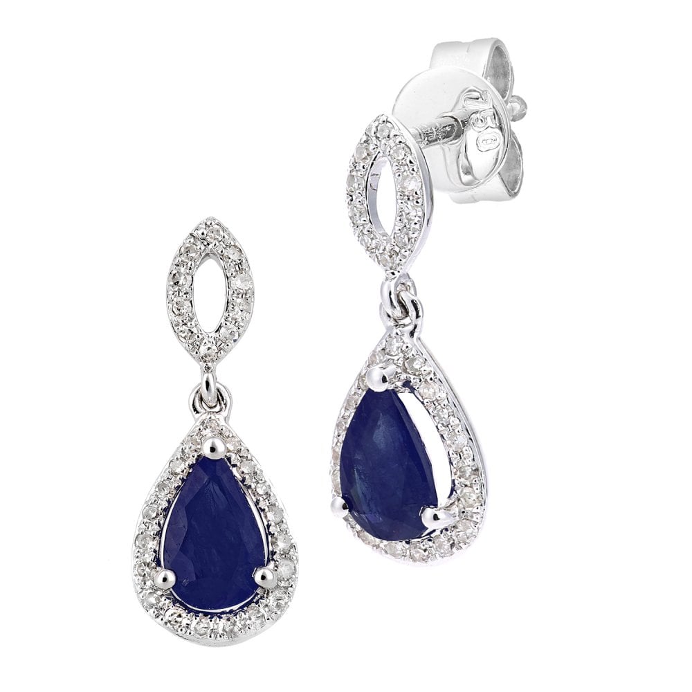 SPARKLD 18ct White Gold Pear Sapphire Cluster 0.12ct Diamond Drop Earrings