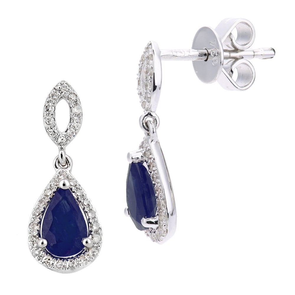 SPARKLD 18ct White Gold Pear Sapphire Cluster 0.12ct Diamond Drop Earrings