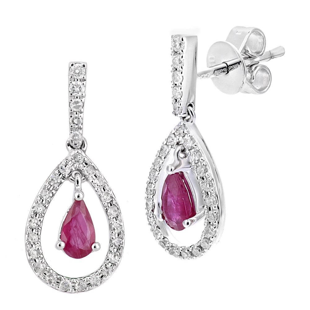 SPARKLD 18ct White Gold Ruby Teardrop 0.20ct Diamond Drop Earrings