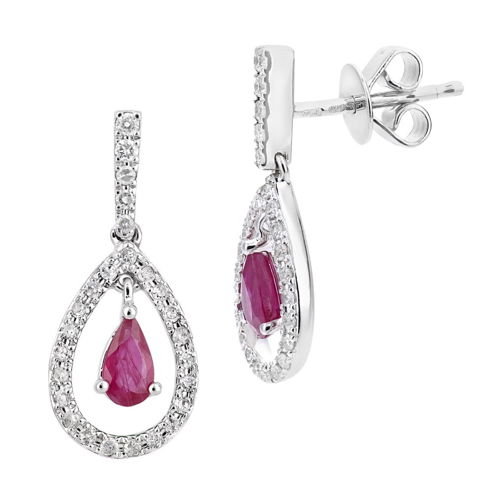 SPARKLD 18ct White Gold Ruby Teardrop 0.20ct Diamond Drop Earrings