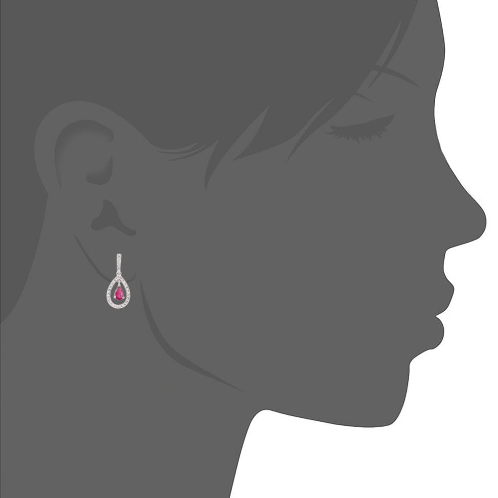 SPARKLD 18ct White Gold Ruby Teardrop 0.20ct Diamond Drop Earrings