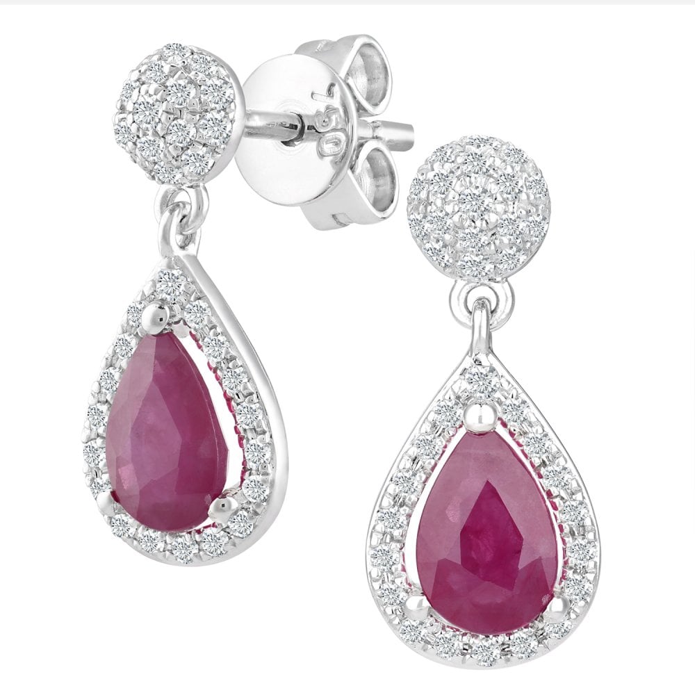 SPARKLD 18ct White Gold Ruby Teardrop 0.25ct Diamond Drop Earrings