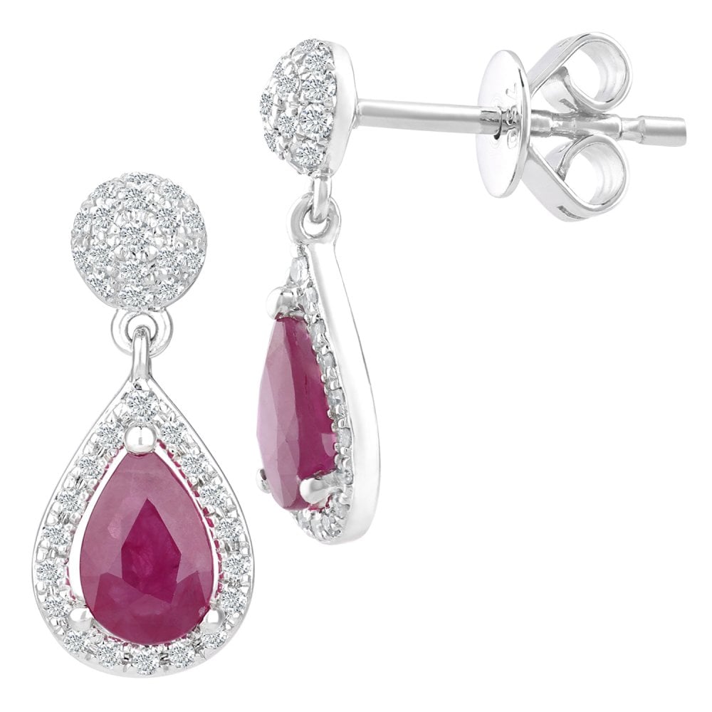SPARKLD 18ct White Gold Ruby Teardrop 0.25ct Diamond Drop Earrings