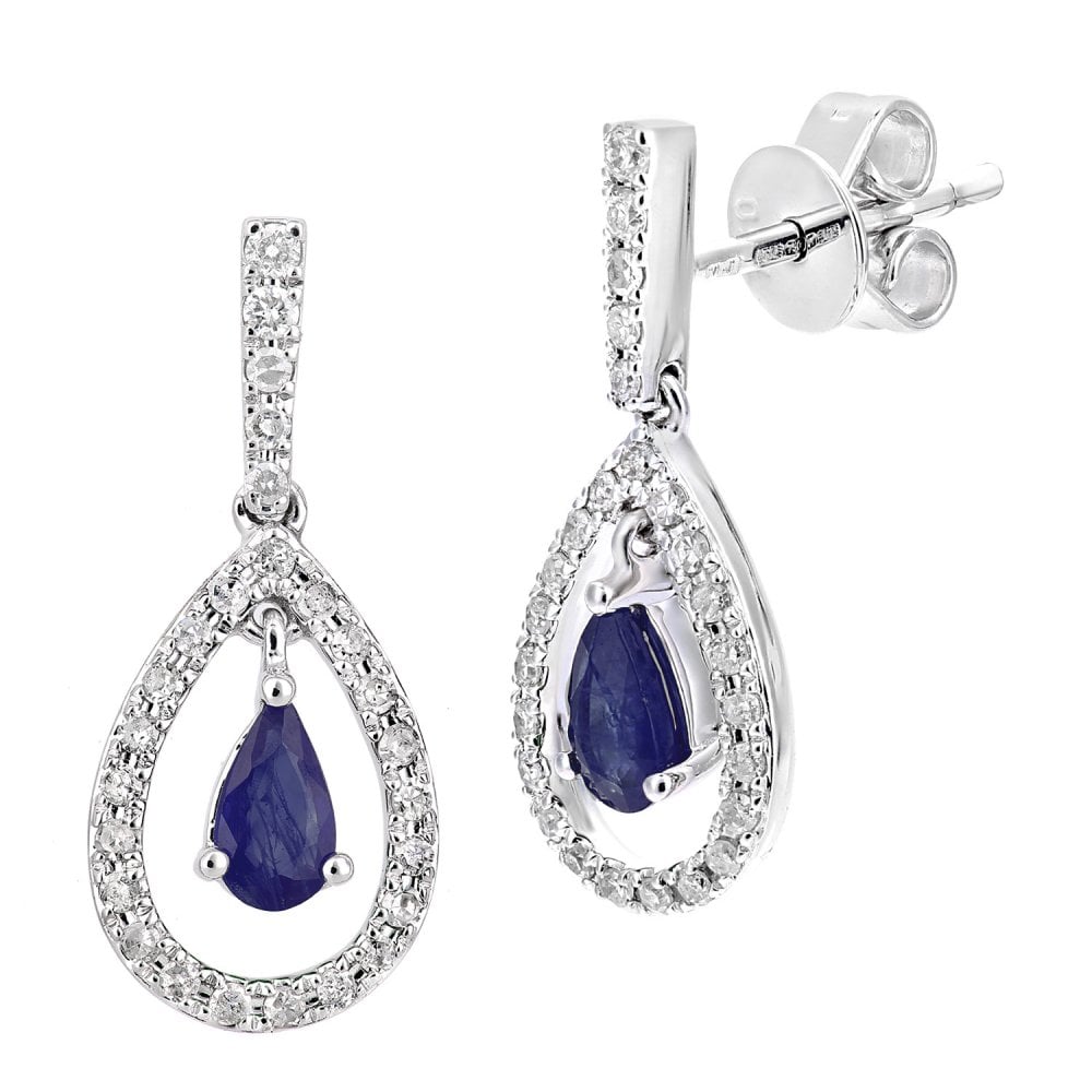 SPARKLD 18ct White Gold Sapphire Teardrop 0.20ct Diamond Drop Earrings