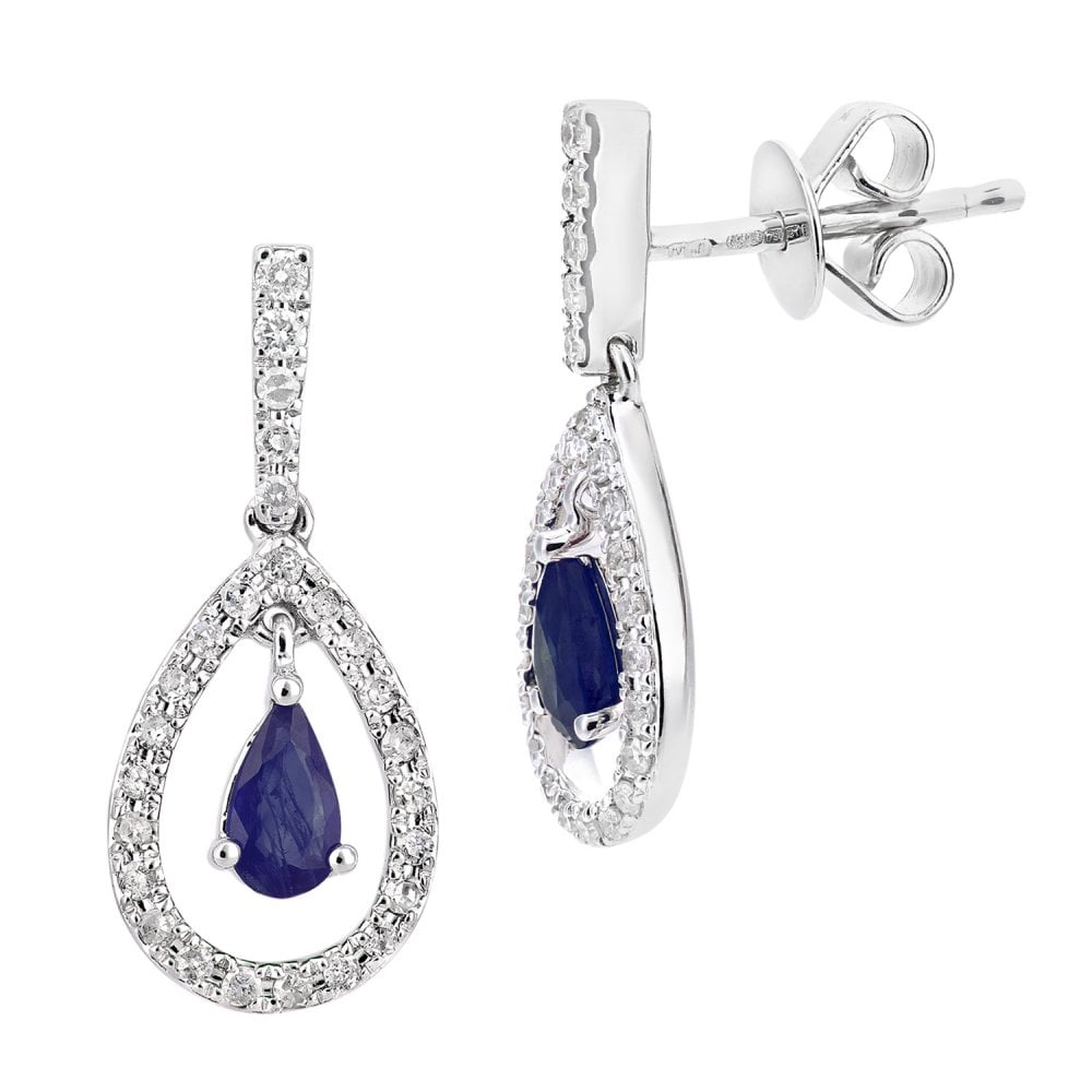 SPARKLD 18ct White Gold Sapphire Teardrop 0.20ct Diamond Drop Earrings