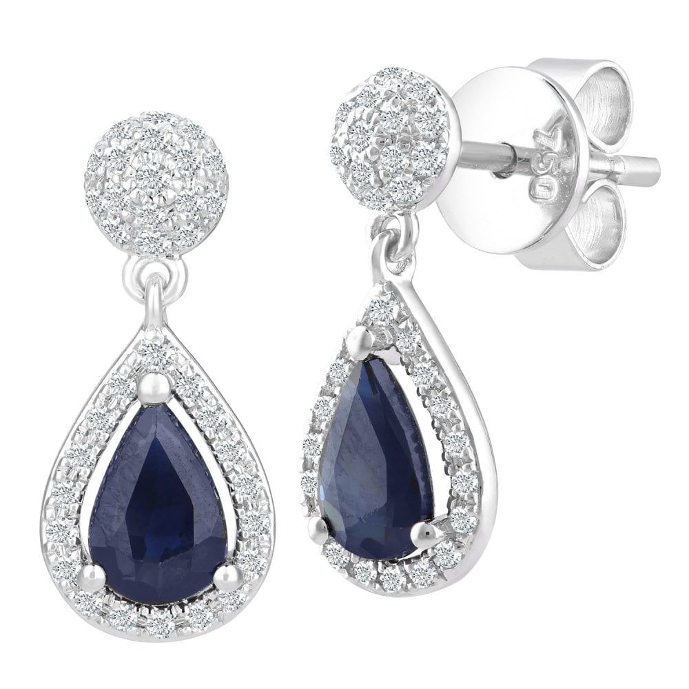 SPARKLD 18ct White Gold Sapphire Teardrop 0.25ct Diamond Drop Earrings