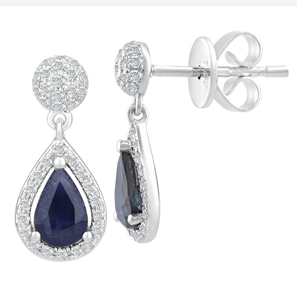 SPARKLD 18ct White Gold Sapphire Teardrop 0.25ct Diamond Drop Earrings
