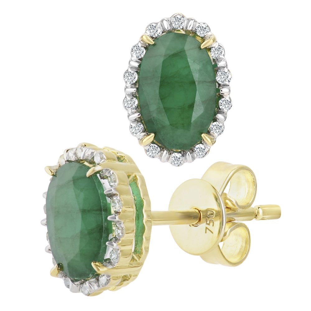 SPARKLD 18ct Yellow Gold 0.80ct Emerald and 0.10ct Diamonds Oval Cluster Earrings