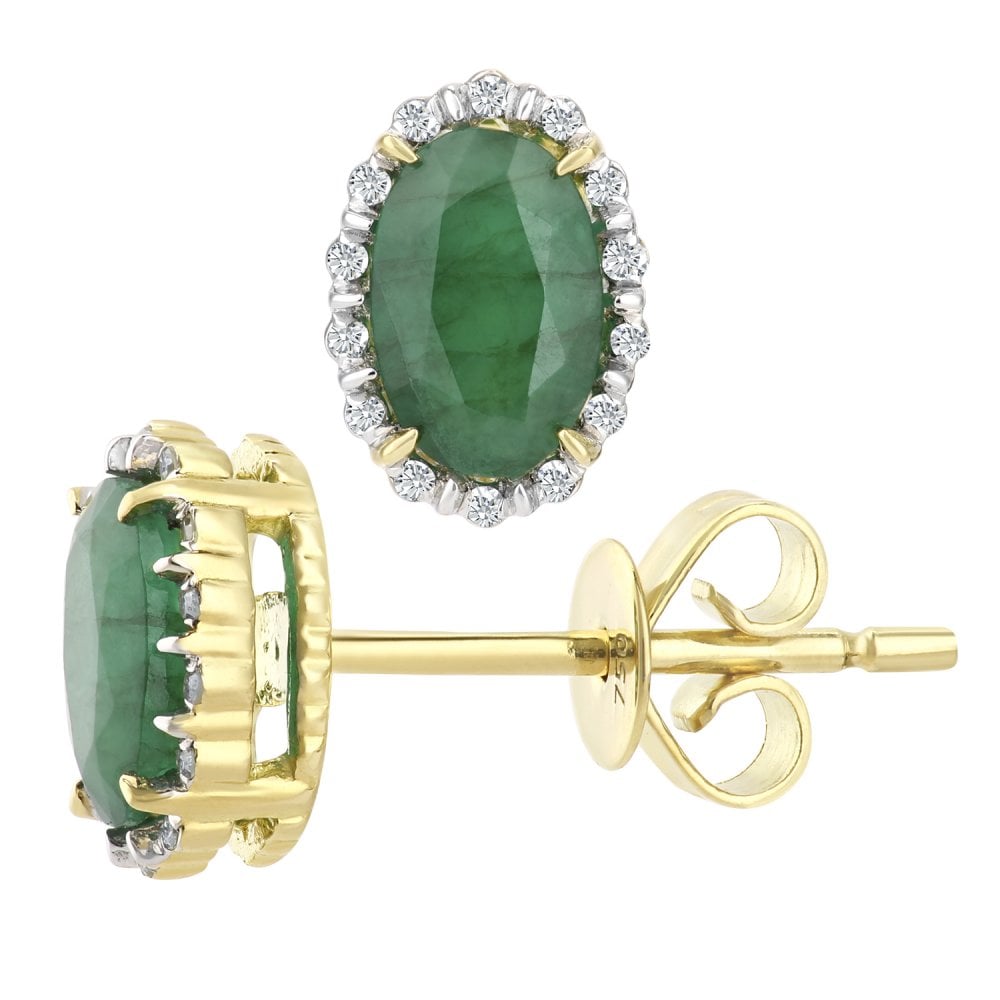 SPARKLD 18ct Yellow Gold 0.80ct Emerald and 0.10ct Diamonds Oval Cluster Earrings